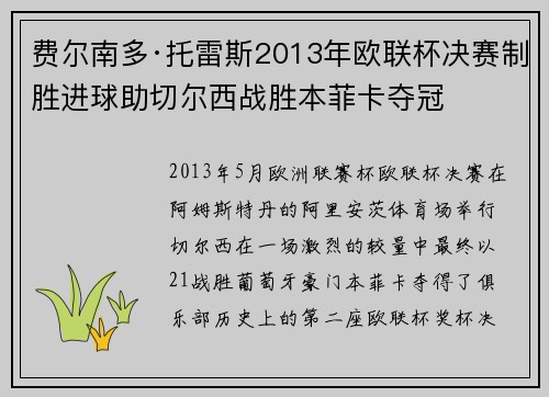 费尔南多·托雷斯2013年欧联杯决赛制胜进球助切尔西战胜本菲卡夺冠